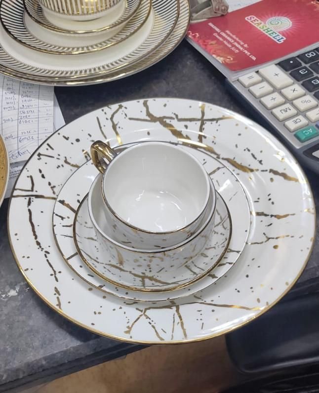 Gold splatter patterned plate, cup and saucer set