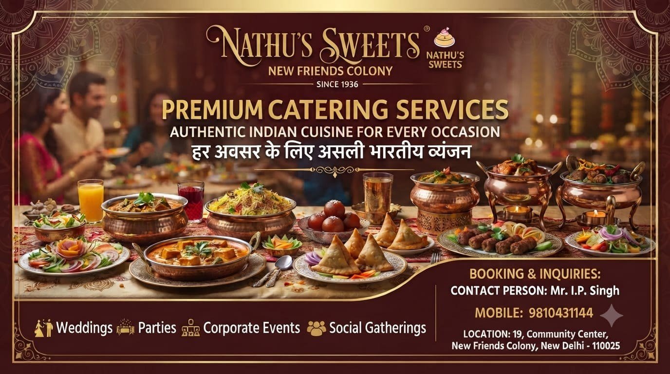 Nathu's Sweets premium catering services — authentic Indian cuisine for weddings, parties, corporate events and social gatherings. Contact Mr. I.P. Singh, 9810431144.
