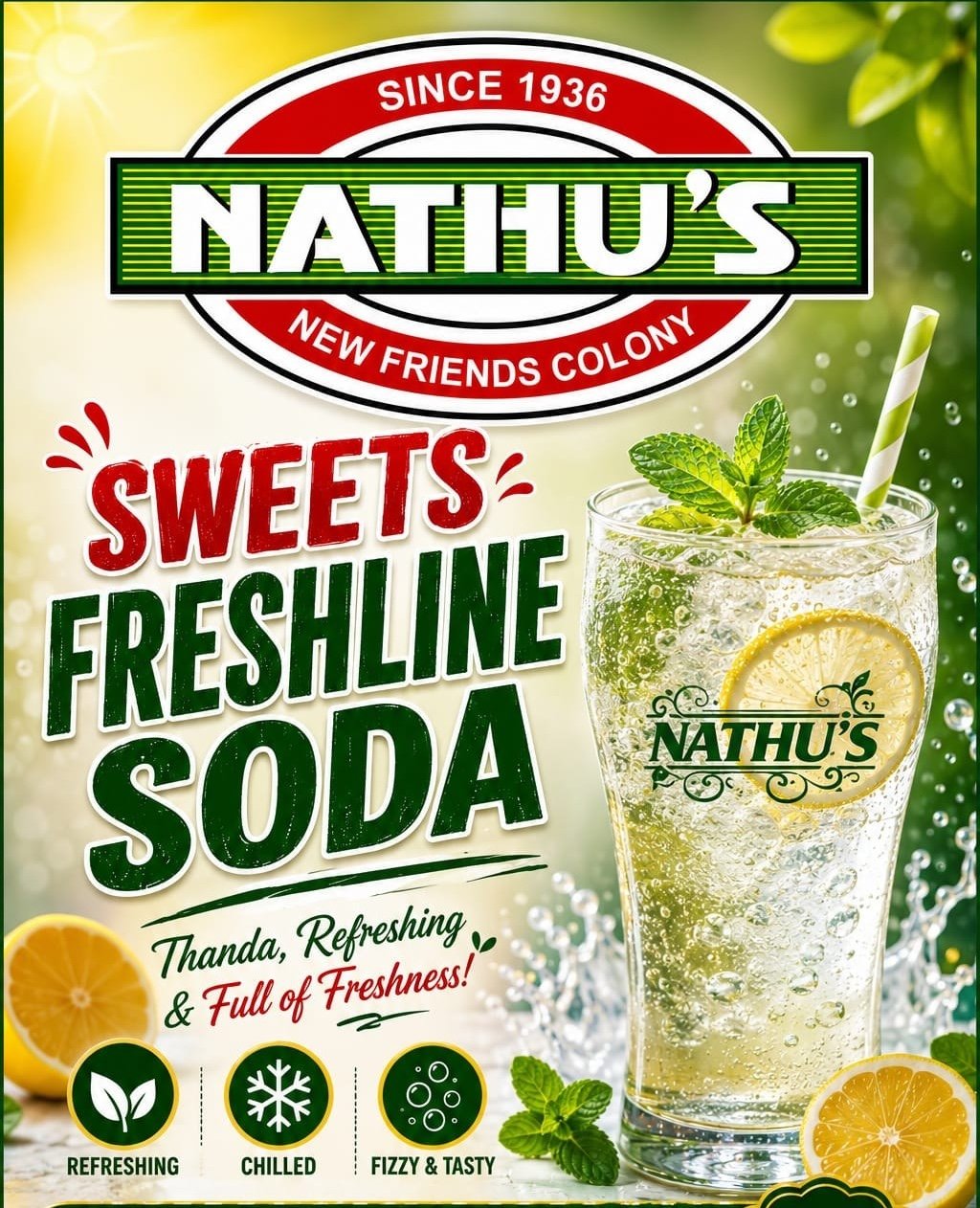 Nathu's Freshline Soda promotional poster with a chilled fizzy lemon-mint drink
