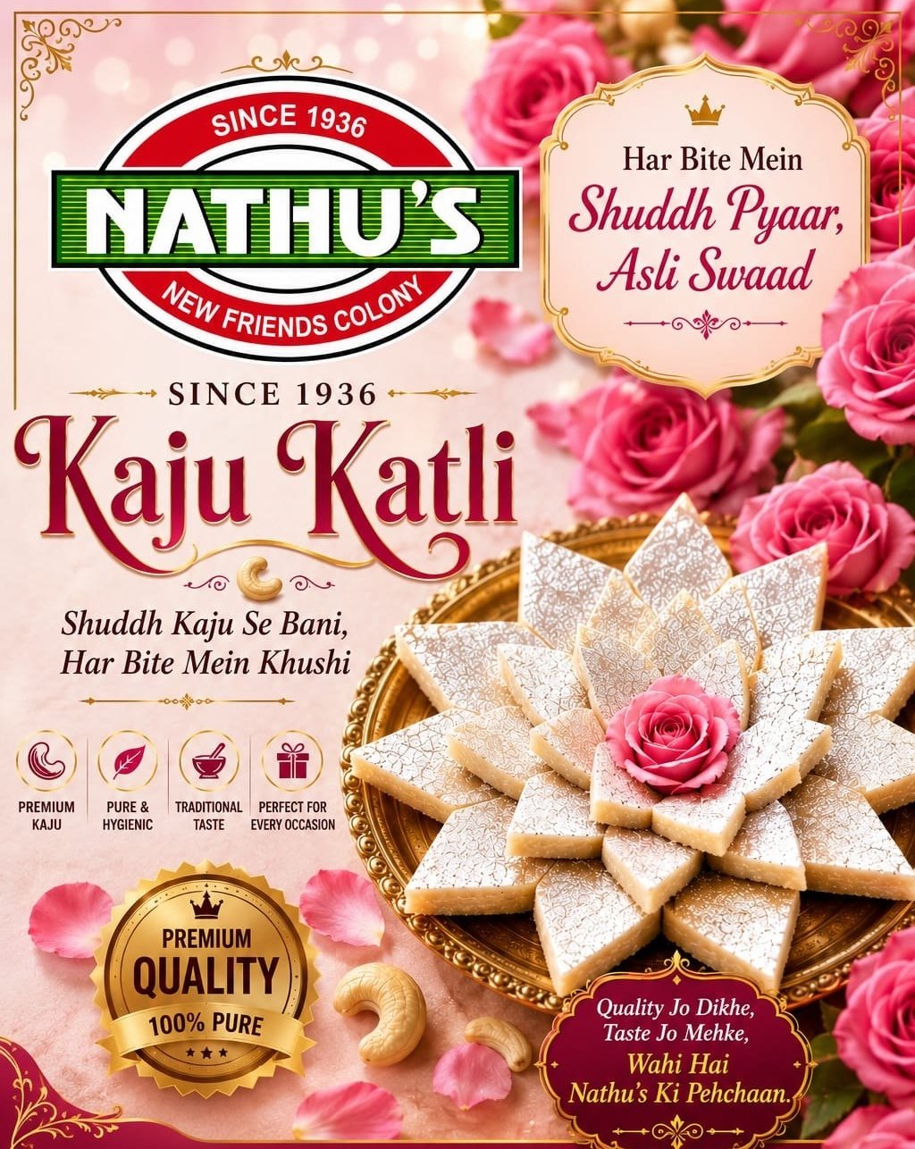 Nathu's Kaju Katli promotional poster with diamond-cut cashew barfi arranged on a gold plate