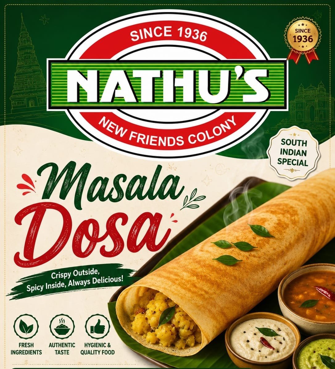 Nathu's Masala Dosa promotional poster with a crisp dosa, sambar and chutneys