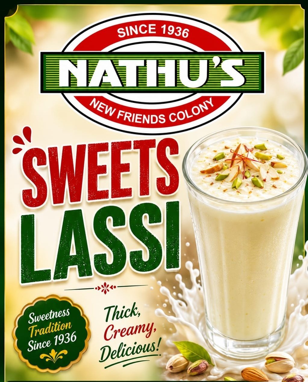 Nathu's Sweet Lassi promotional poster with a tall glass topped with nuts and saffron